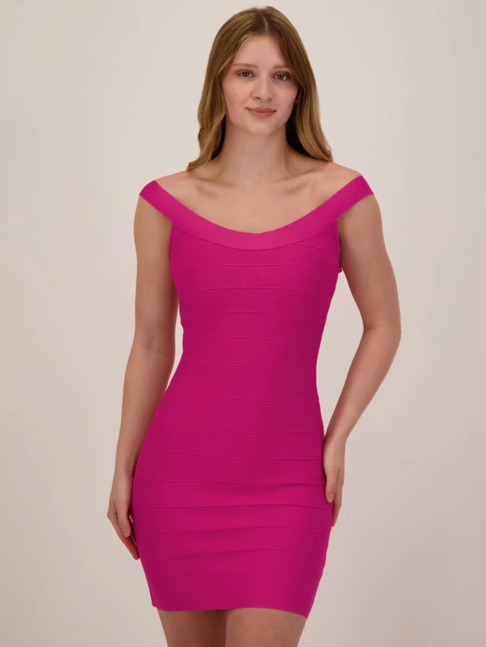 Trixxi Off-Shoulder Bandage Mini Dress in Fuchsia Pink